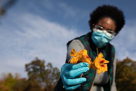 Photo of a masked Chatham University student showing a squash blossom to the camera